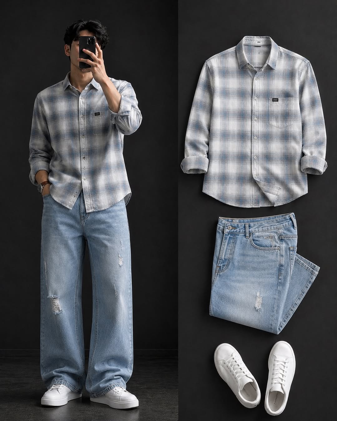 DripXO Grey Blue Plaid Shirt – Light Blue Ripped Wide-Leg Jeans Combo