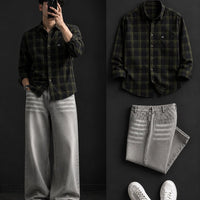 DripXO Olive Green & Black Plaid Shirt – Light Grey Wide-Leg Jeans Combo