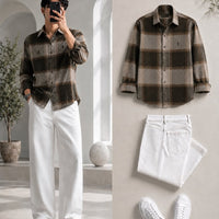DripXO Olive Brown Check Shirt – White Wide-Leg Jeans Combo