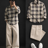 DripXO Cream & Navy Plaid Shirt – Beige Wide-Leg Chinos Combo