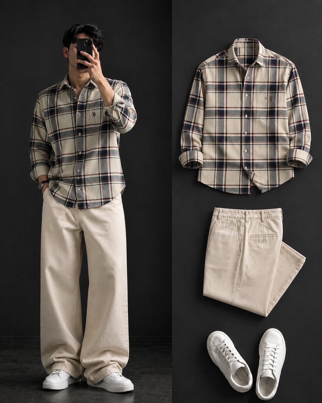 DripXO Cream & Navy Plaid Shirt – Beige Wide-Leg Chinos Combo