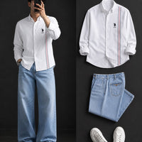 DripXO White Oxford Shirt – Light Blue Wide-Leg Jeans Combo