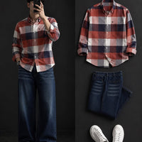 DripXO Red & Navy Check Flannel Shirt – Dark Blue Wide-Leg Jeans Combo