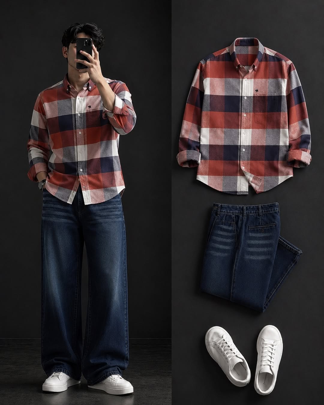 DripXO Red & Navy Check Flannel Shirt – Dark Blue Wide-Leg Jeans Combo