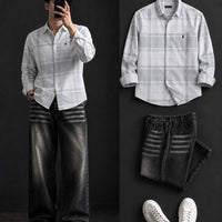 DripXO White & Grey Plaid Shirt – Black Wide-Leg Jeans Combo
