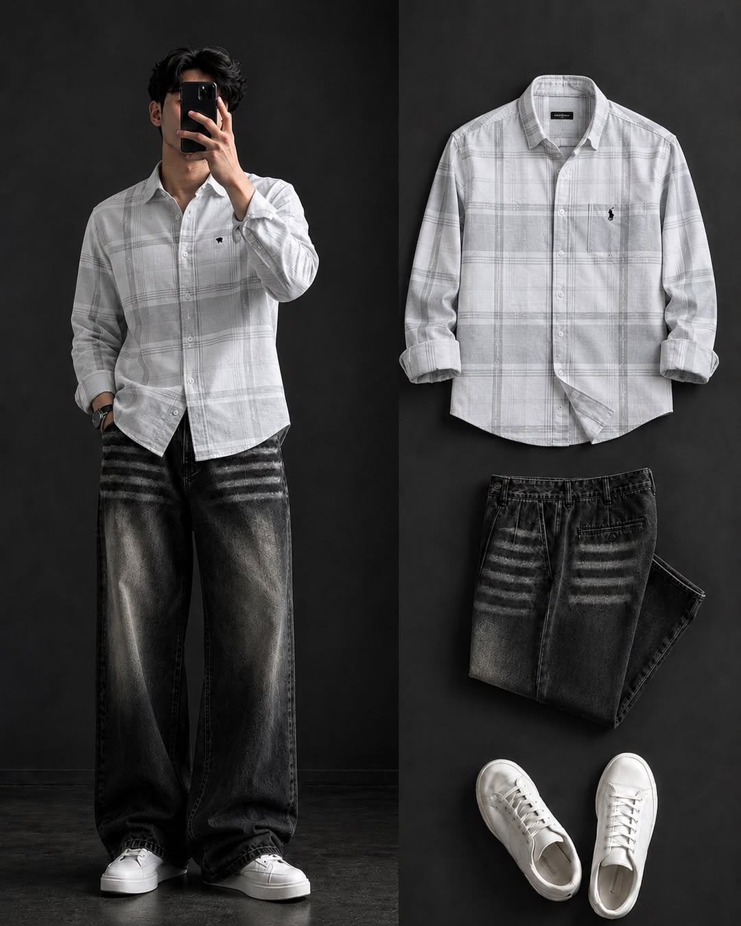 DripXO White & Grey Plaid Shirt – Black Wide-Leg Jeans Combo