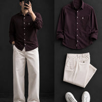 DripXO Burgundy Oxford Shirt – Cream Wide-Leg Chinos Combo