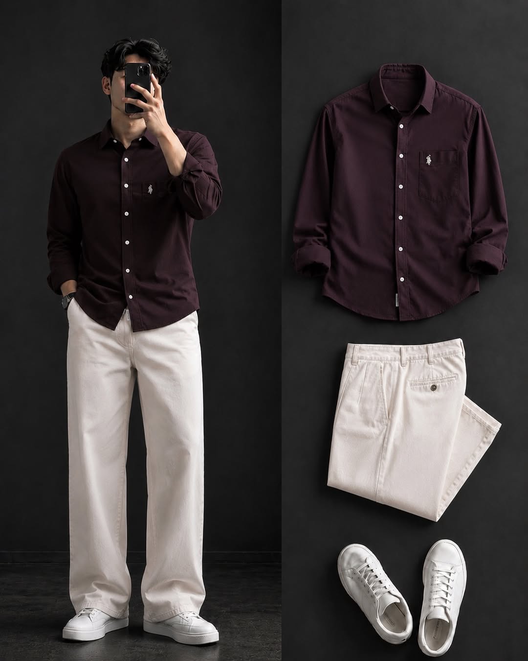 DripXO Burgundy Oxford Shirt – Cream Wide-Leg Chinos Combo