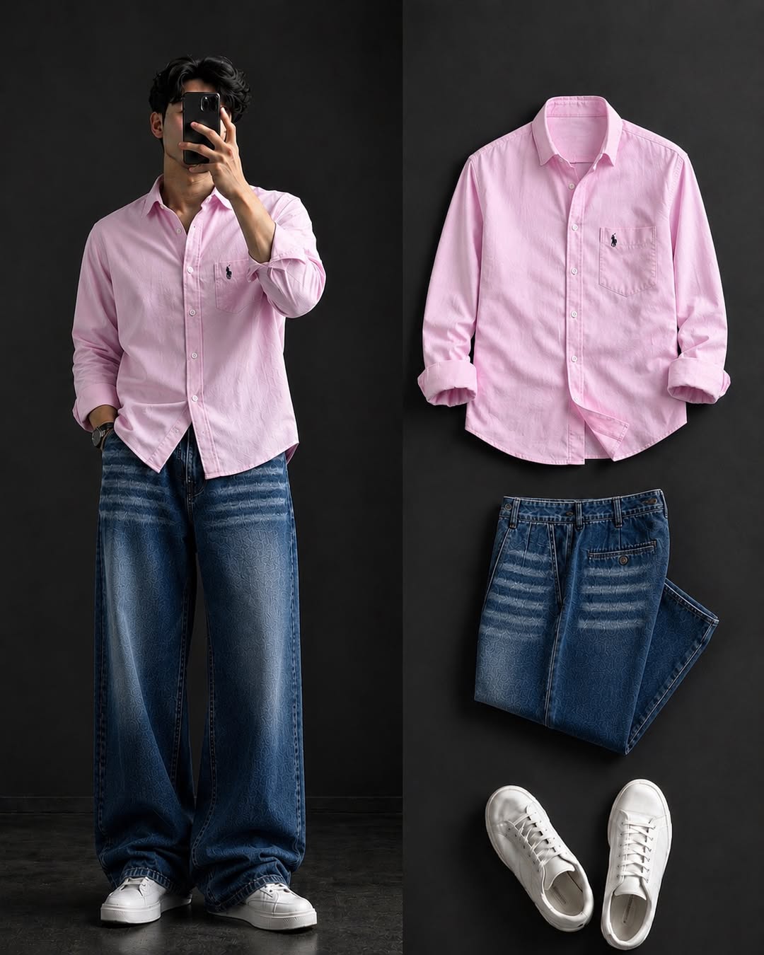 DripXO Baby Pink Shirt – Blue Wide-Leg Jeans Combo