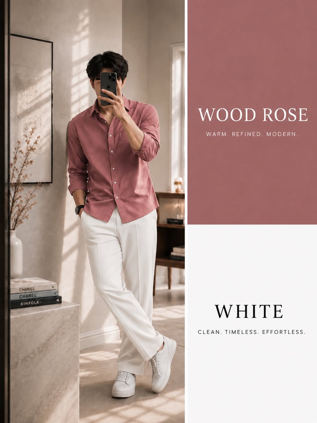 DripXO Wood Rose Shirt – White Wide-Leg Trouser Combo