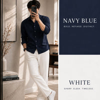 DripXO Navy Blue Shirt – White Wide-Leg Trouser Combo