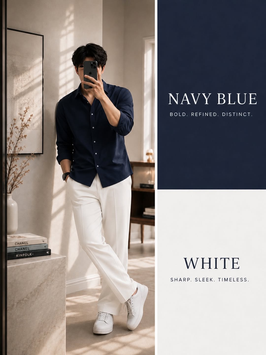 DripXO Navy Blue Shirt – White Wide-Leg Trouser Combo