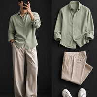 DripXO Sage Green Shirt – Beige Wide-Leg Chinos Combo