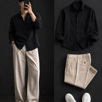 DripXO Black Shirt – Beige Wide-Leg Chinos Combo
