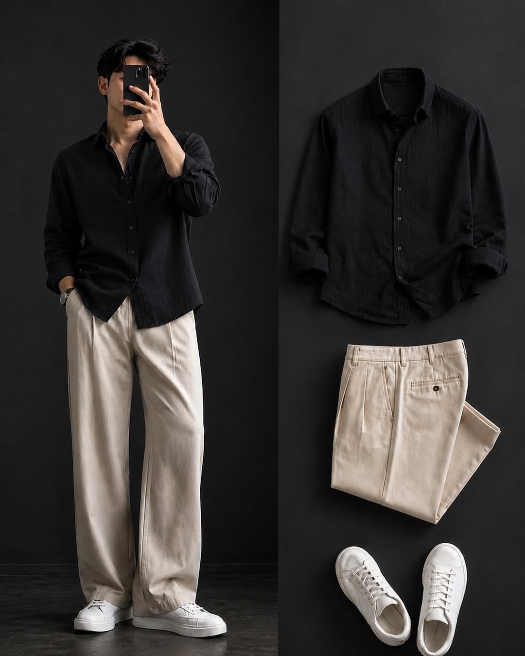 DripXO Black Shirt – Beige Wide-Leg Chinos Combo