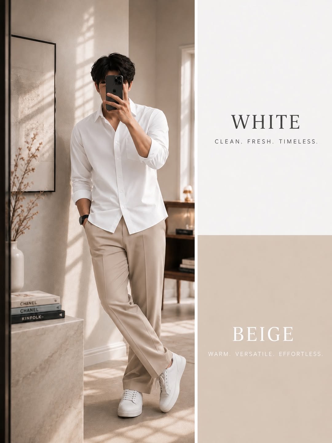 DripXO White Shirt – Beige Wide-Leg Trouser Combo
