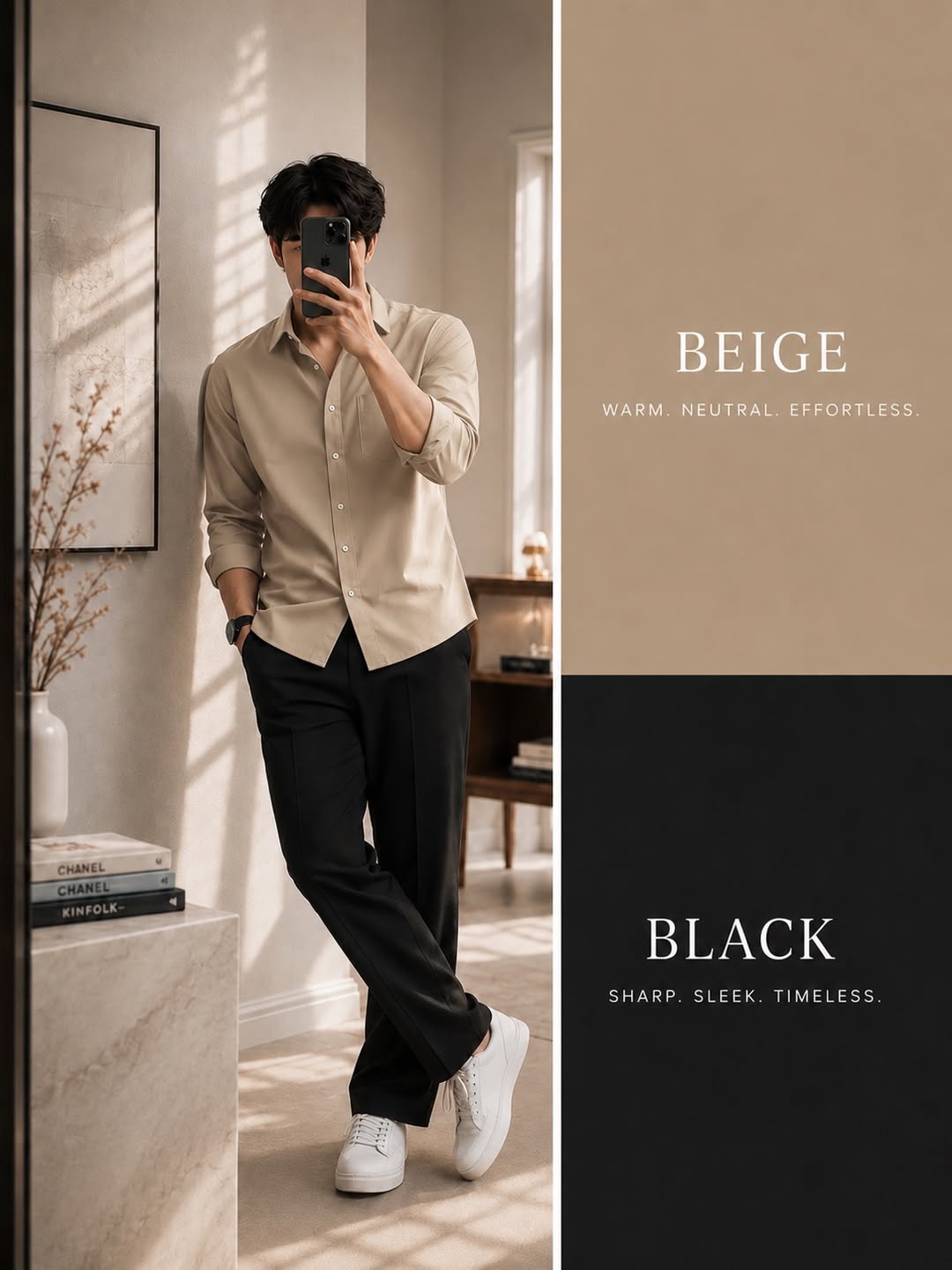 DripXO Beige Shirt – Black Wide-Leg Trouser Combo