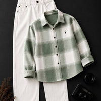 DripXO Sage Green Flannel Shirt – White Wide-Leg Jeans Combo