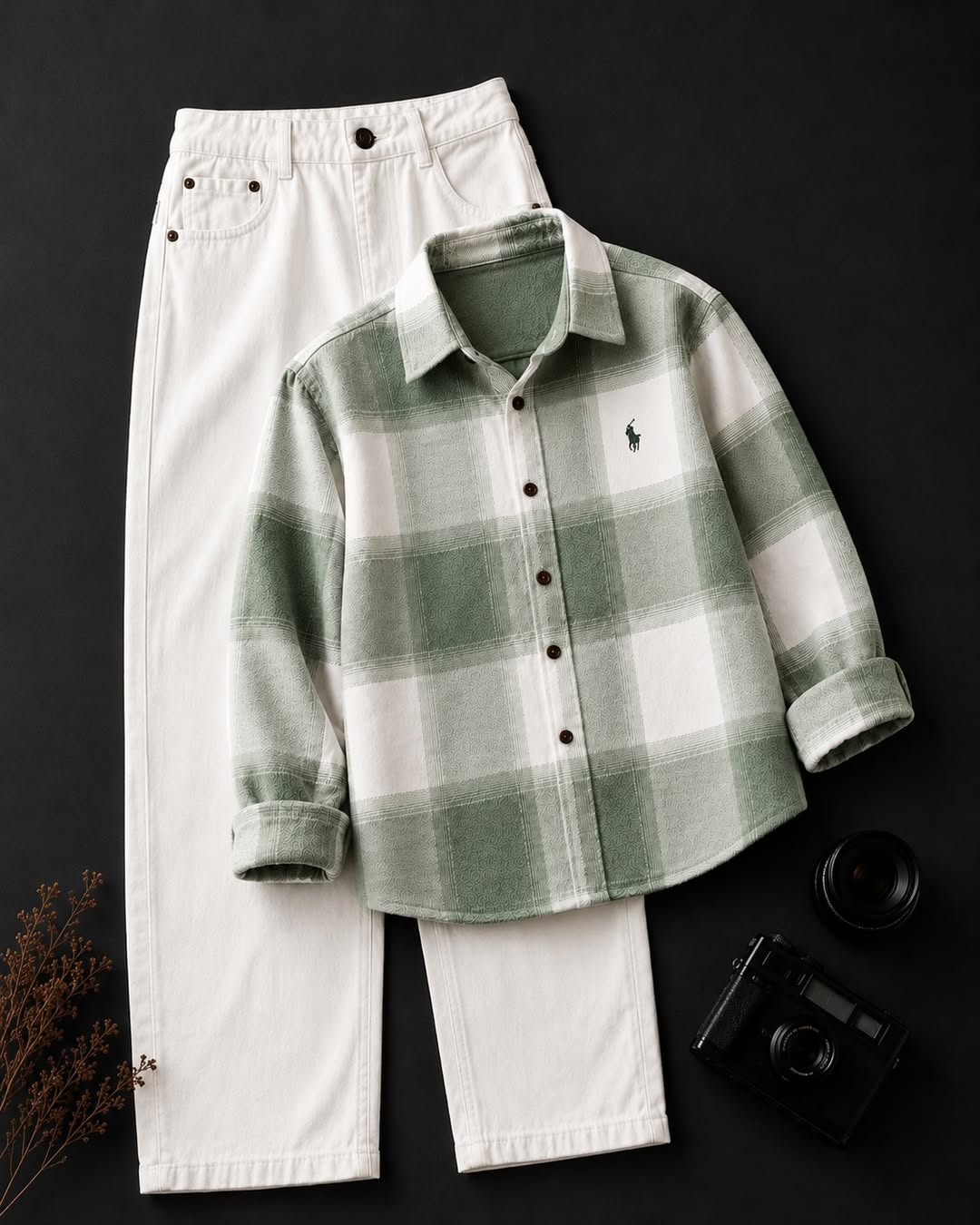 DripXO Sage Green Flannel Shirt – White Wide-Leg Jeans Combo
