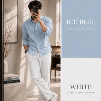 DripXO Ice Blue Shirt – White Wide-Leg Trouser Combo