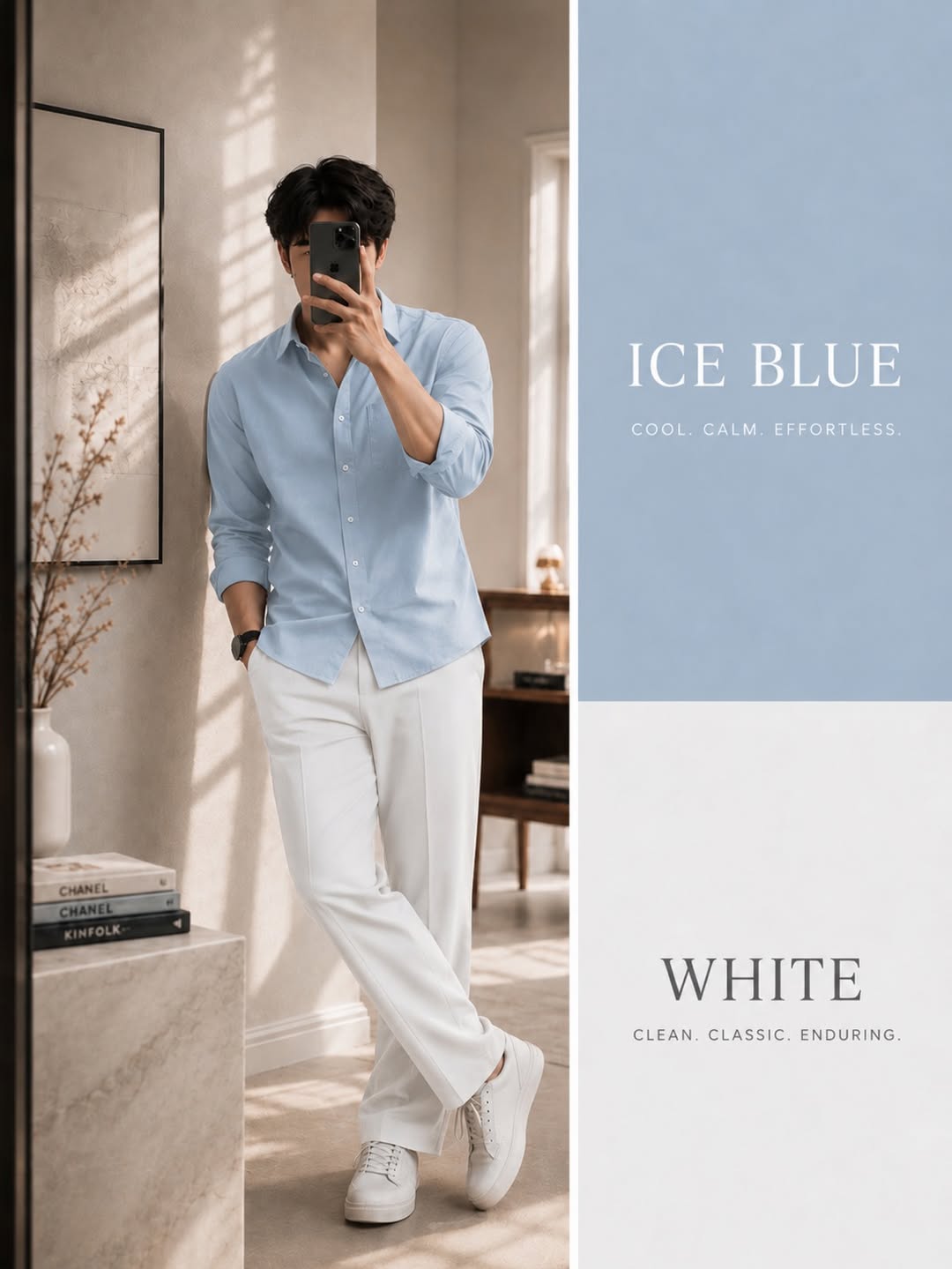 DripXO Ice Blue Shirt – White Wide-Leg Trouser Combo