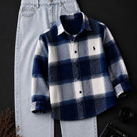 DripXO Navy & White Plaid Overshirt – Ice Blue Wide-Leg Jeans Combo