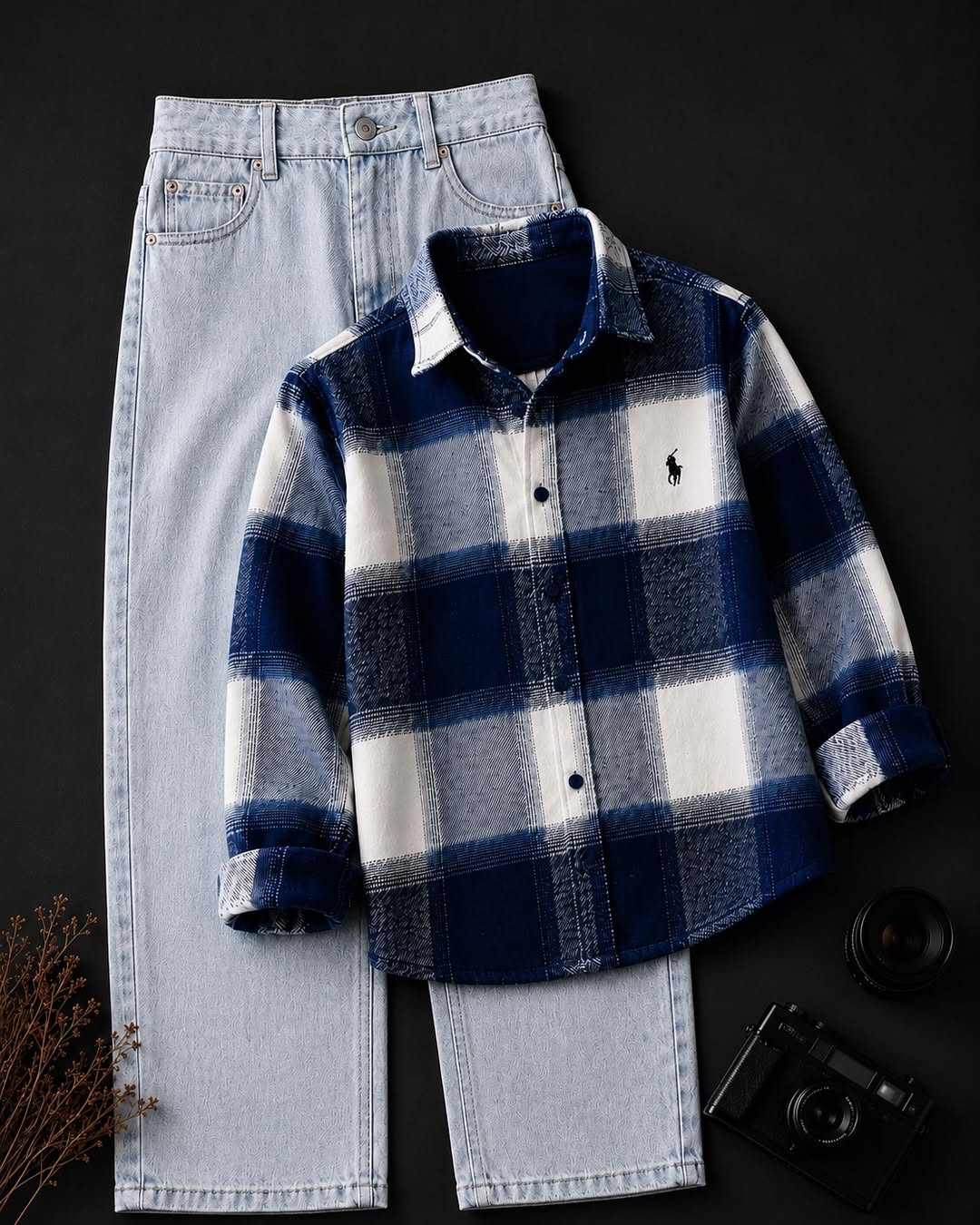 DripXO Navy & White Plaid Overshirt – Ice Blue Wide-Leg Jeans Combo