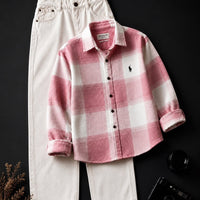 DripXO Pink & White Plaid Overshirt – White Wide-Leg Jeans Combo