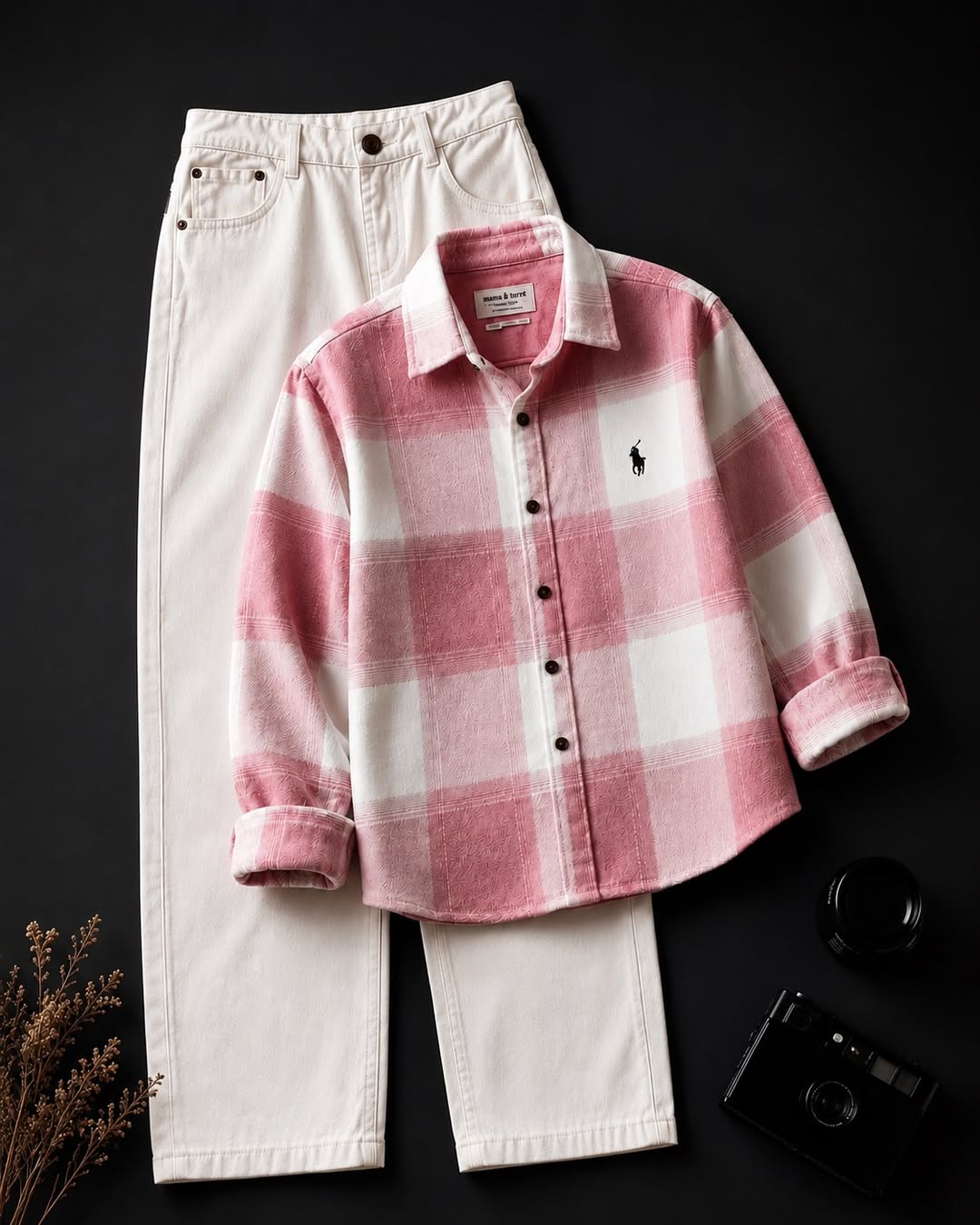 DripXO Pink & White Plaid Overshirt – White Wide-Leg Jeans Combo