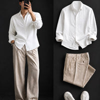 DripXO White Linen Shirt – Khaki Wide-Leg Chinos Combo