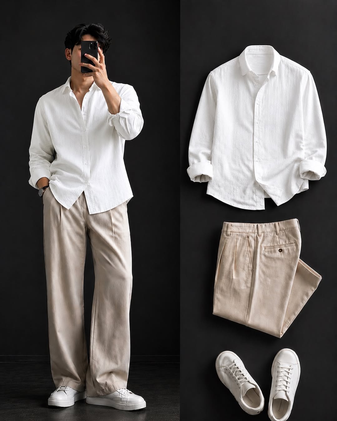 DripXO White Linen Shirt – Khaki Wide-Leg Chinos Combo