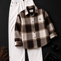 DripXO Brown & Cream Plaid Overshirt – White Wide-Leg Jeans Combo