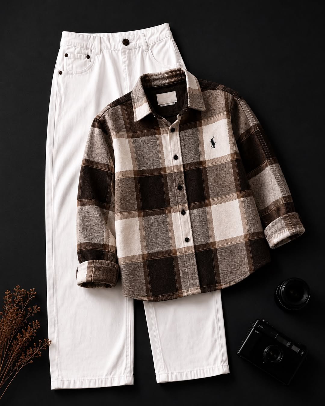 DripXO Brown & Cream Plaid Overshirt – White Wide-Leg Jeans Combo