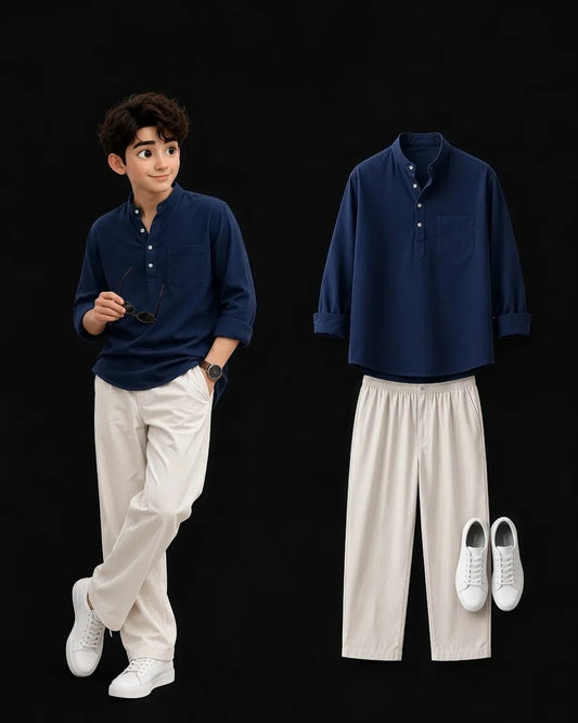 Navy Blue Shirt & Cream Wide Leg Pants Set