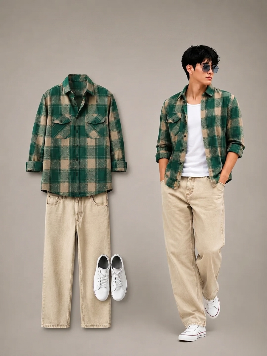 Green Plaid Flannel Shirt & Wide-Leg Pants Set
