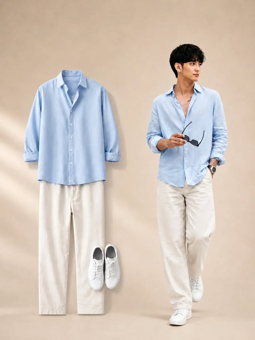 Sky Blue Shirt & Wide-Leg Pants Set