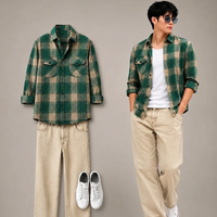 Green Plaid Flannel Shirt & Wide-Leg Pants Set