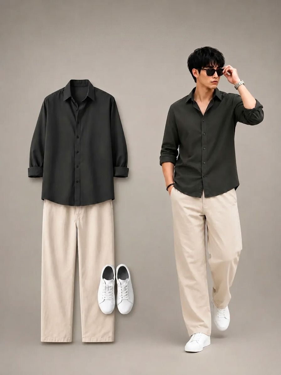Charcoal Black Shirt & Wide-Leg Pants Set