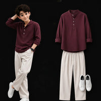 Maroon Shirt & Cream Wide Leg Pants Set