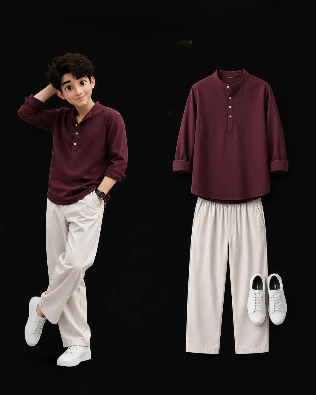 Maroon Shirt & Cream Wide Leg Pants Set