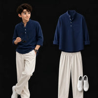 Navy Blue Shirt & Cream Wide Leg Pants Set