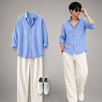 Blue Striped Shirt & Wide-Leg Pants Set