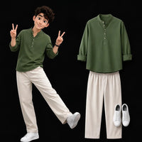 Olive Green Shirt & Cream Wide Leg Pants Set