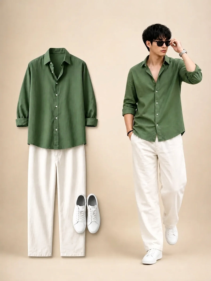 Olive Green Shirt & Wide-Leg Pants Set