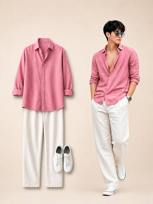 Men's Oversized Pink Linen Shirt – Breezy Summer Casual Fit