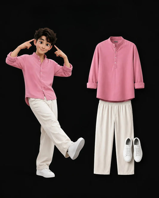 Pink Shirt & Cream Wide Leg Pants Set