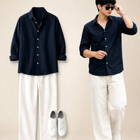Navy Blue Shirt & Wide-Leg Pants Set