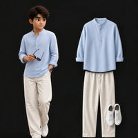 Sky Blue Shirt & Cream Wide Leg Pants Set