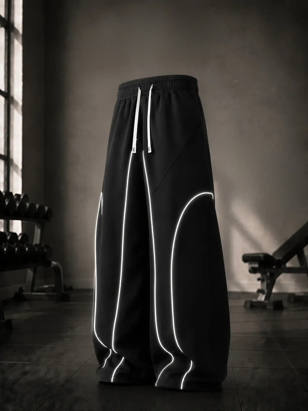 Black Reflective Line Wide Leg Track Pants