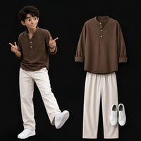 Dark Brown Shirt & Cream Wide Leg Pants Set